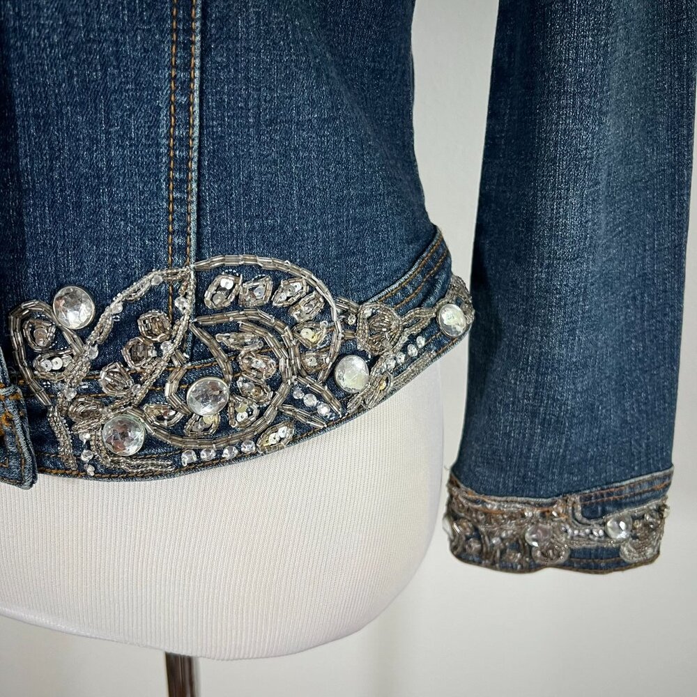 Vintage Cache Denim Jean Jacket Rhinestones Sequin Jouer Aux Echecs collab - Picture 2 of 15